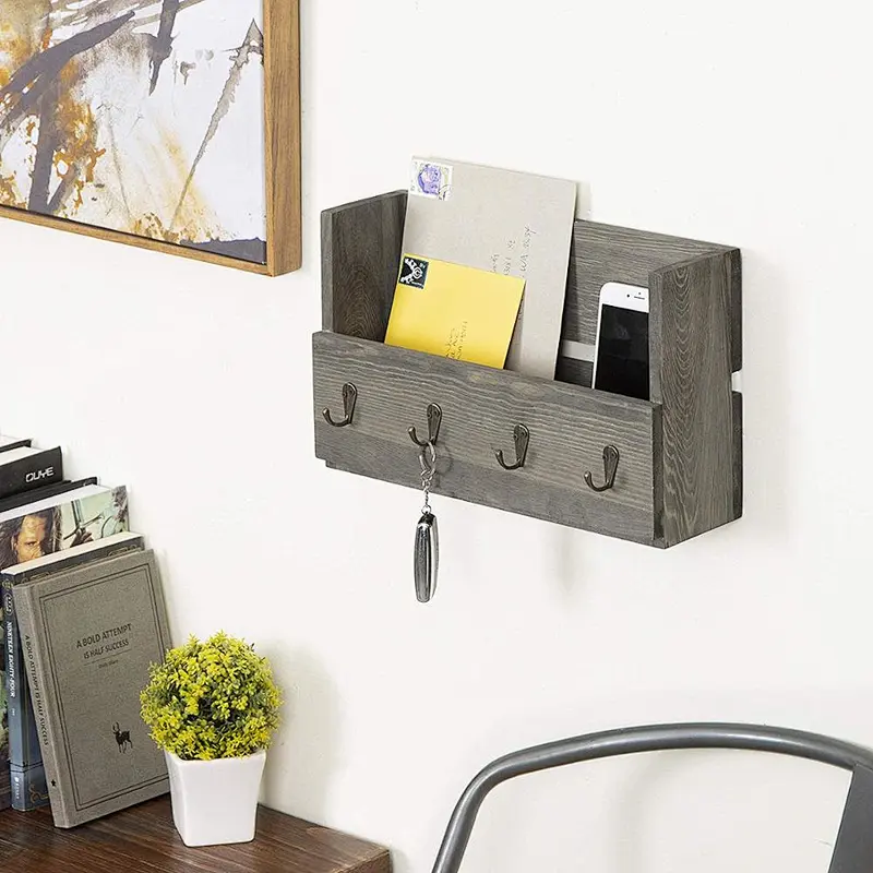 Rustic Gray Wood Wall Mounted Mail Holder Organizer with 4 Key Hooks
