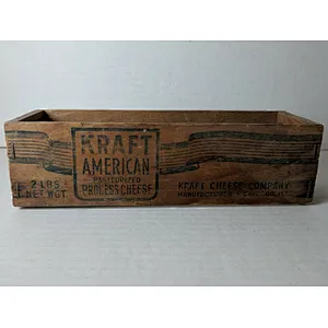 Vintige Cheese Wooden Box Crate With Blue Graphics For Sale