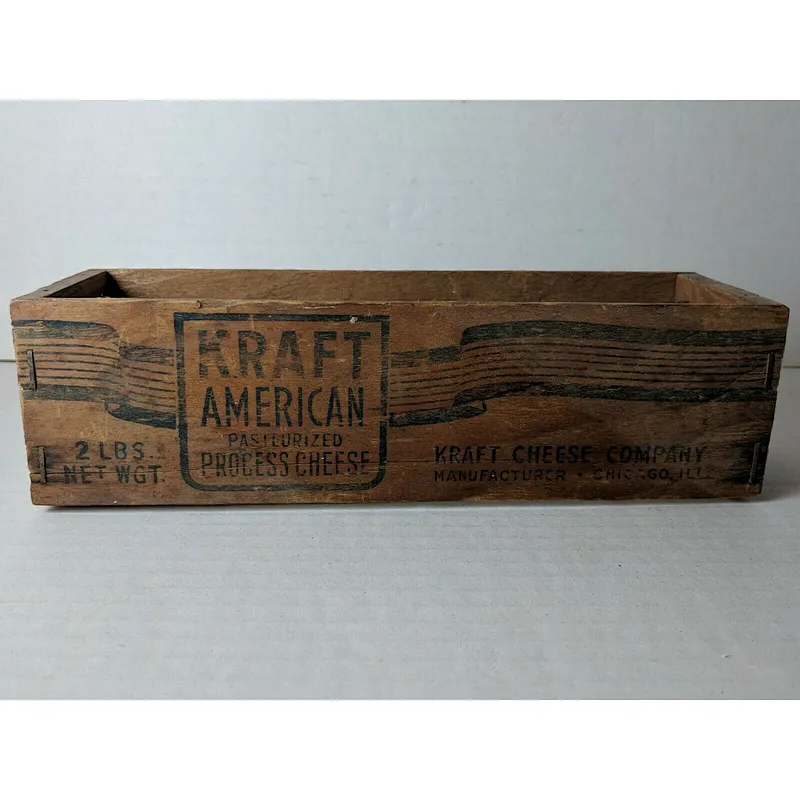 Vintige Cheese Wooden Box Crate With Blue Graphics For Sale