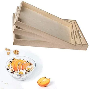 Wooden Nested Serving Trays - Five Piece Set of Rectangular Shape Wood Trays for Crafts with Cut Out Handles