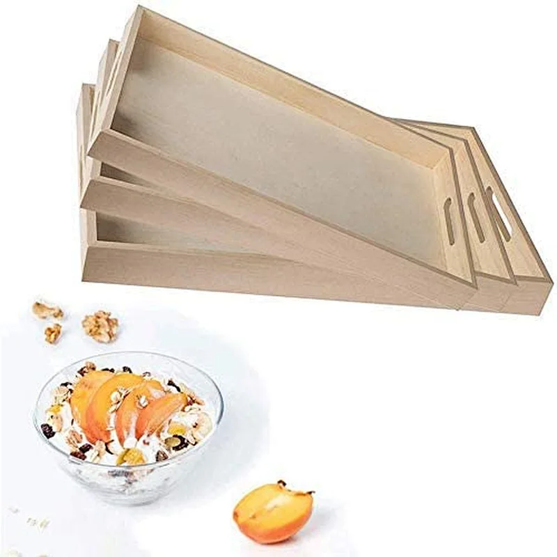 Wooden Nested Serving Trays - Five Piece Set of Rectangular Shape Wood Trays for Crafts with Cut Out Handles