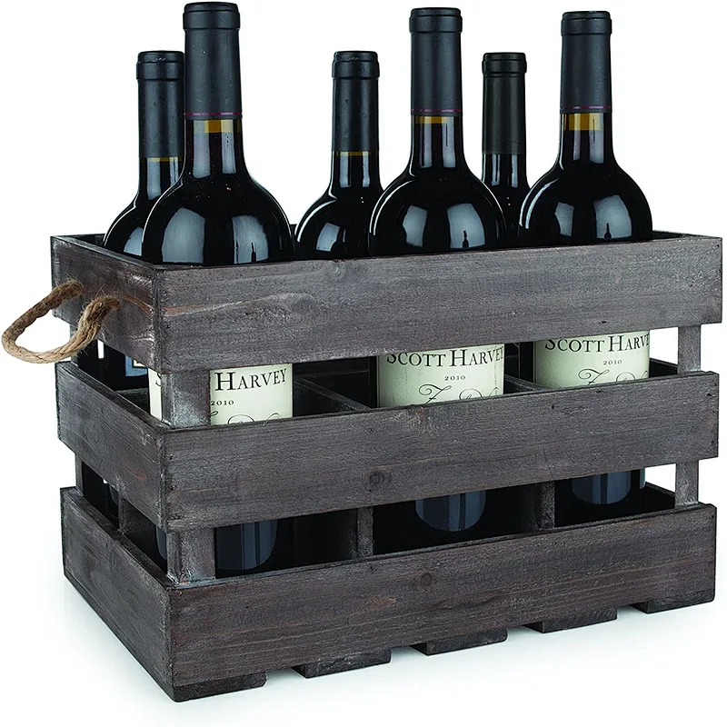 Wood Wine Holder Rustic Farmhouse Wooden 6 Bottle Crate