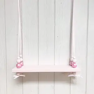 Pink Painted wood Wall Floating  Shelf | Nordic Style  wood Wall Floating   Shelf | Hanging Bead   wood Wall   Floating   Shelf