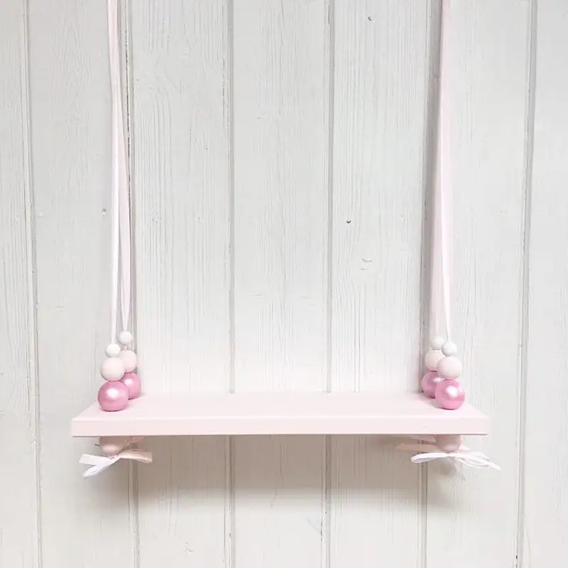 Pink Painted wood Wall Floating  Shelf | Nordic Style  wood Wall Floating   Shelf | Hanging Bead   wood Wall   Floating   Shelf