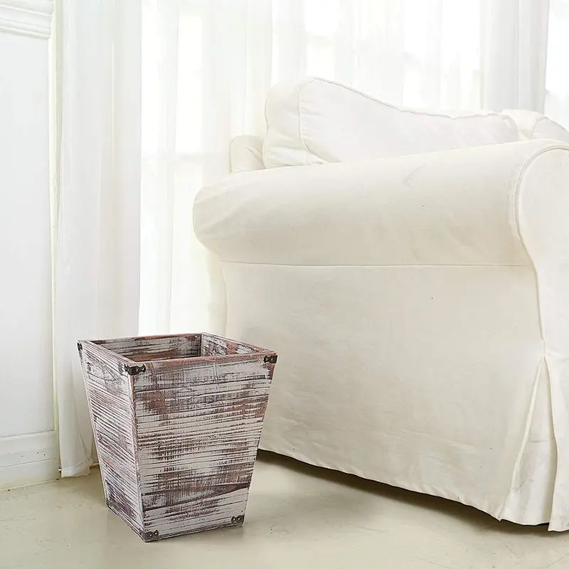 Farmhouse Style Torched Wood Square Wastebasket Bin with Decorative Metal Brackets