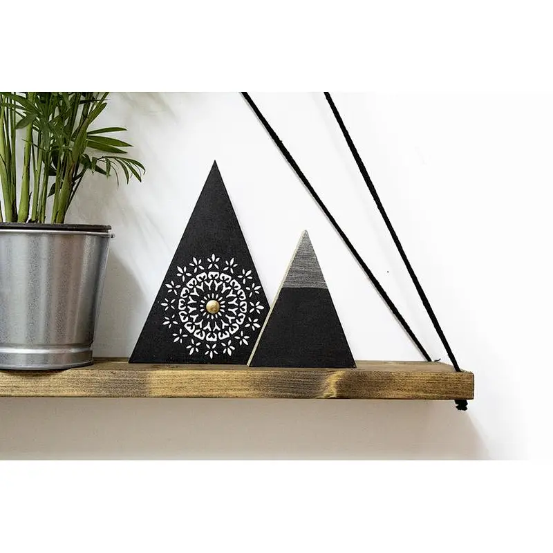 LargeWall-mounted Rack Large Shelf Black Cord Wall-mounted Rack Wooden Planter Geometric Shelves Hanging