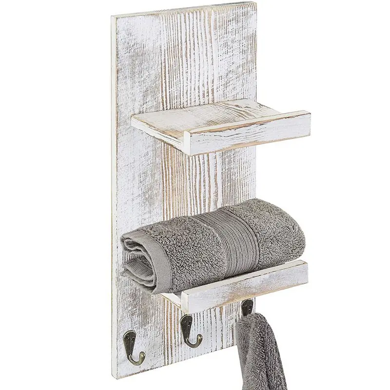Rustic wood floating wall shelves bathroom shelf with hooks wall mounted home decor wall shelf