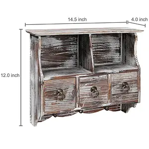Country Rustic Torched Wood Wall-Mounted Organizer Shelf Rack/Wall Cabinet with Drawers & Metal Hooks