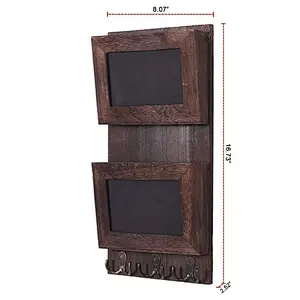 Rustic 2-Slot Mail Sorter Organizer for Wall with Chalkboard Surface & 3 Double Key Hooks - Wooden Wall Mount Mail Holder