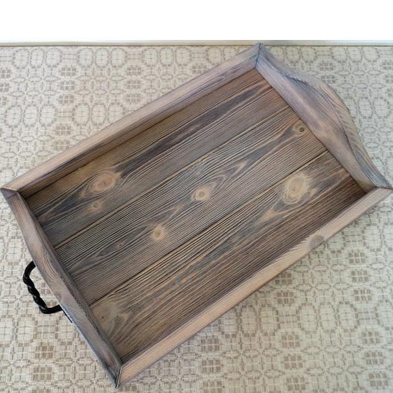 Rustic style wooden hotel serving coffee tray with handles