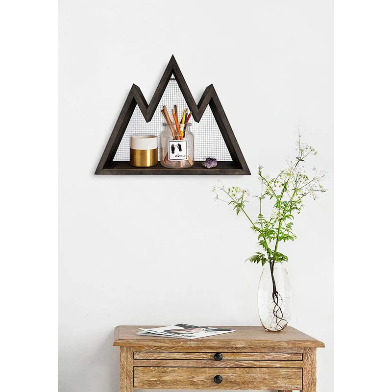 Mkono Wall Shelf Wood Floating Mountain Shelf Crystal Display Shelf Rustic Triangle Wall Art Geometric Decor for Nursery