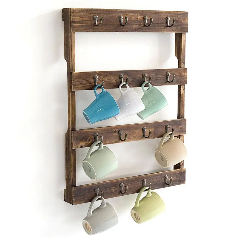 Simple and retro feeling  Wall Mounted 16-Hook Torched Wood Coffee Mug Cup Holder Display Rack