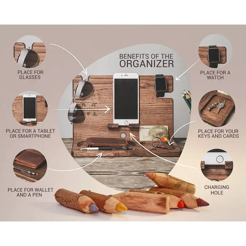 Natural walnut wood phone docking station desk mobile phone holder docking station wood