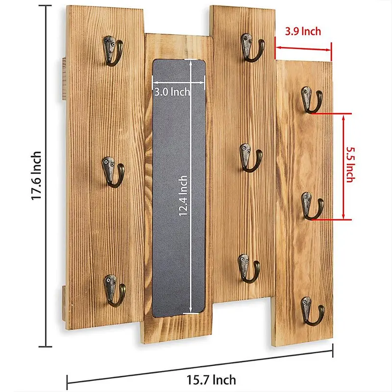 9-Hook Torched Wood Wall-Mounted Coffee Mug Rack with Chalkboard