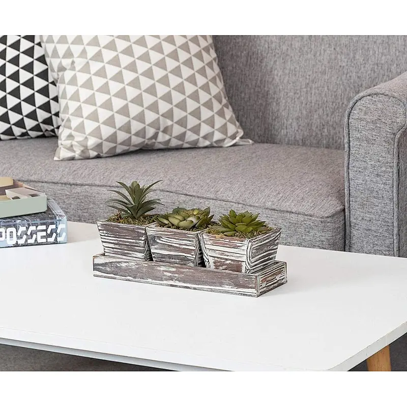 Rustic Style Artificial Succulent Torched Wood Planters Removable Tray, Set of 3