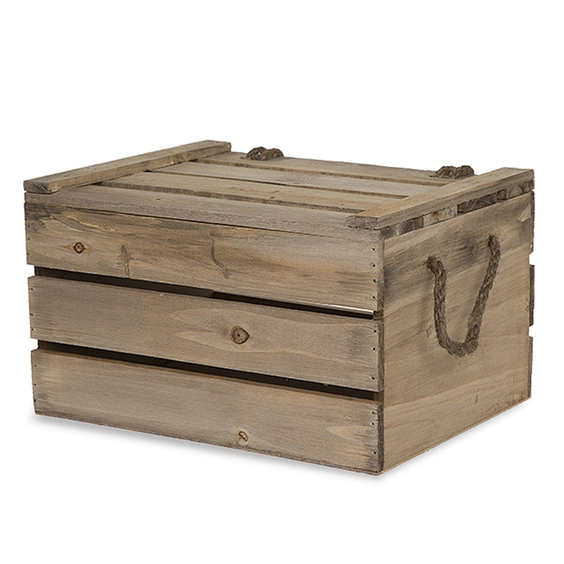 Antique Light Brown Wooden Crate Storage Box with Lid - Medium