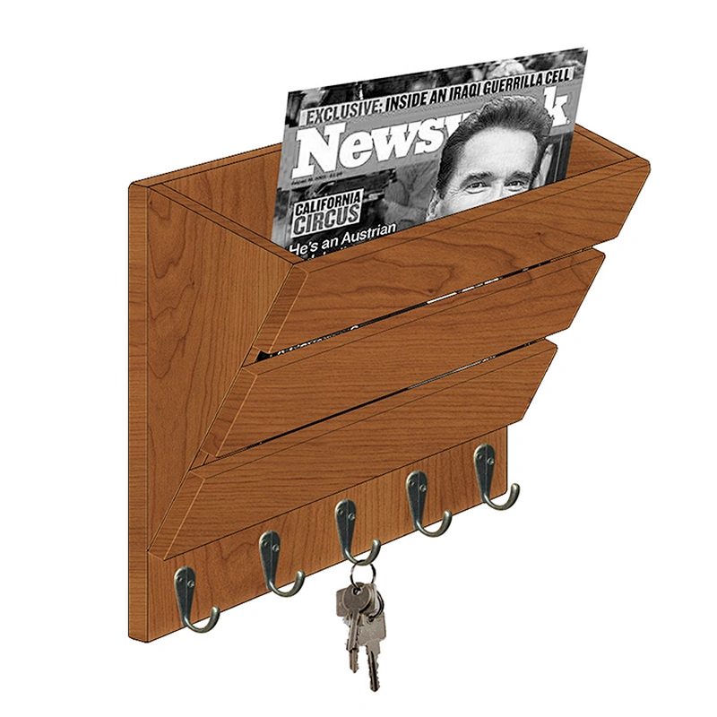 Rustic wood mail and key holder with 5 hooks,wooden shelf
