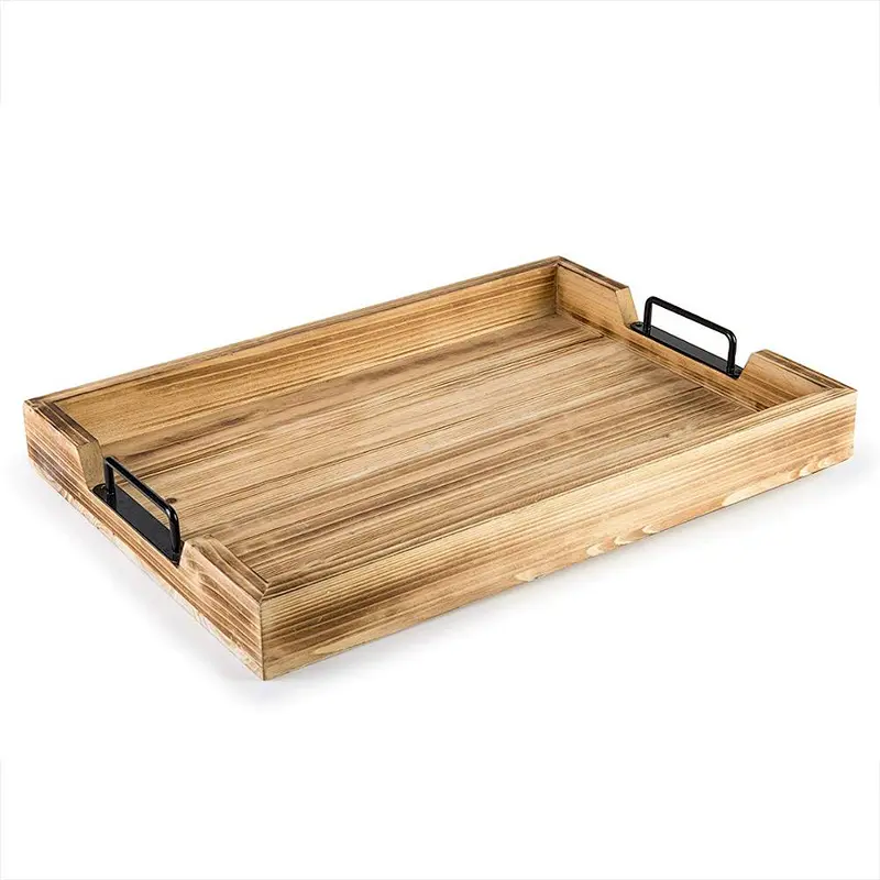 Light Torched Barnwood 20-Inch Serving Tray with Modern Black Metal Handles