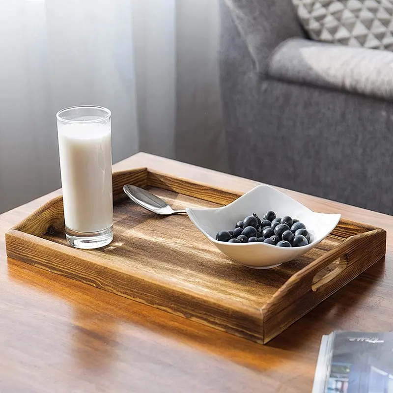 Handles Nesting Breakfast Serving Trays Decorative Rectangular Wood Display Tray Set Nested Food Tray