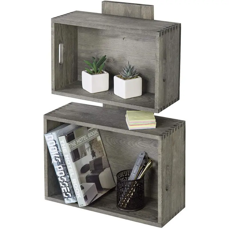 Rustic Vintage Gray Wood Crate Style Wall Mounted Floating Shelves