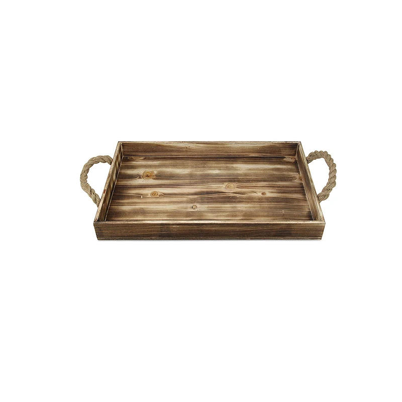 Wooden Rectangular Tray With Rope Side HandlesFir Wood