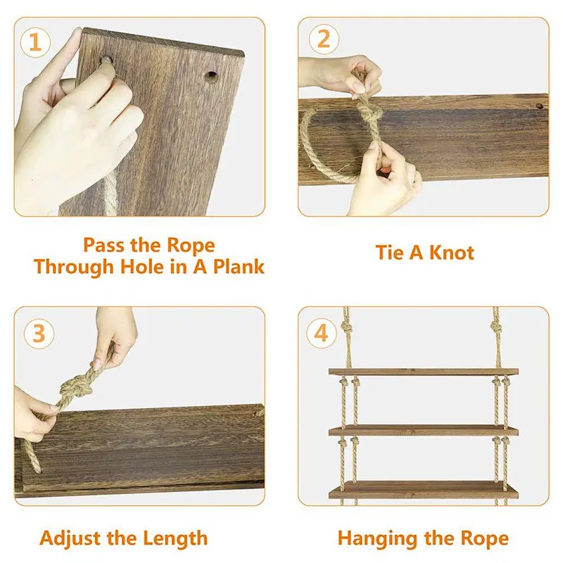 Wall-mounted Shelf Shelf Normei rustic home decoration personalized customized	 shelf racks WoodShelf with Thick Hanging Rope