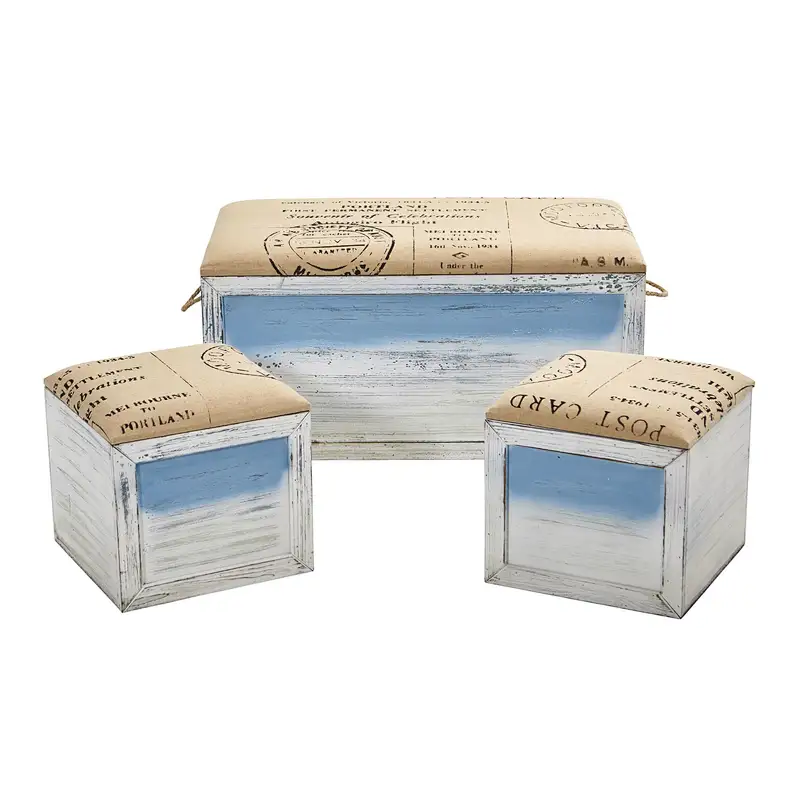 Wooden Boxes, Ocean Breeze Storage Boxes, Bench and Seating Set (Set of 3)