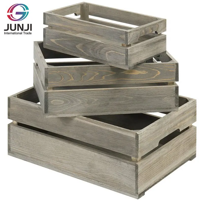 Set of 3 Nesting Ash Brown Wood Accent Crates Storage Pallet Boxes with Handles