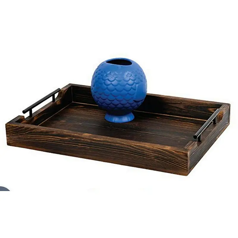 Dark Brown Wood Ottoman Set of 3 Trays with Handles Coffee Table Tray