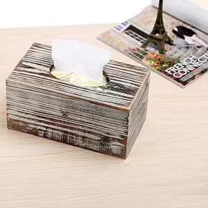 Decorative Rustic Torched Wood Rectangular Facial Tissue Box Cover Holder
