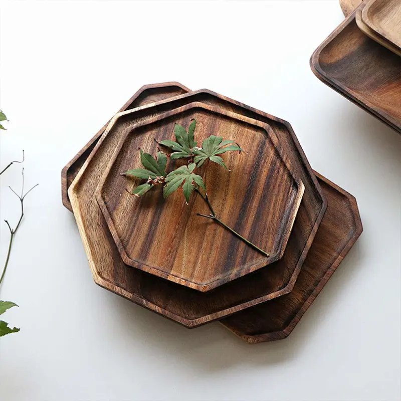 Wooden tray,Set of 2 Wooden Octagon Square Trays Serving Bread Plates for Fruit Salad Platter Vegetable