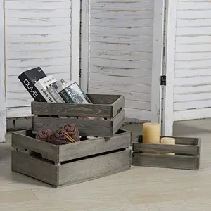 Set of 3 Nesting Ash Brown Wood Accent Crates Storage Pallet Boxes with Handles