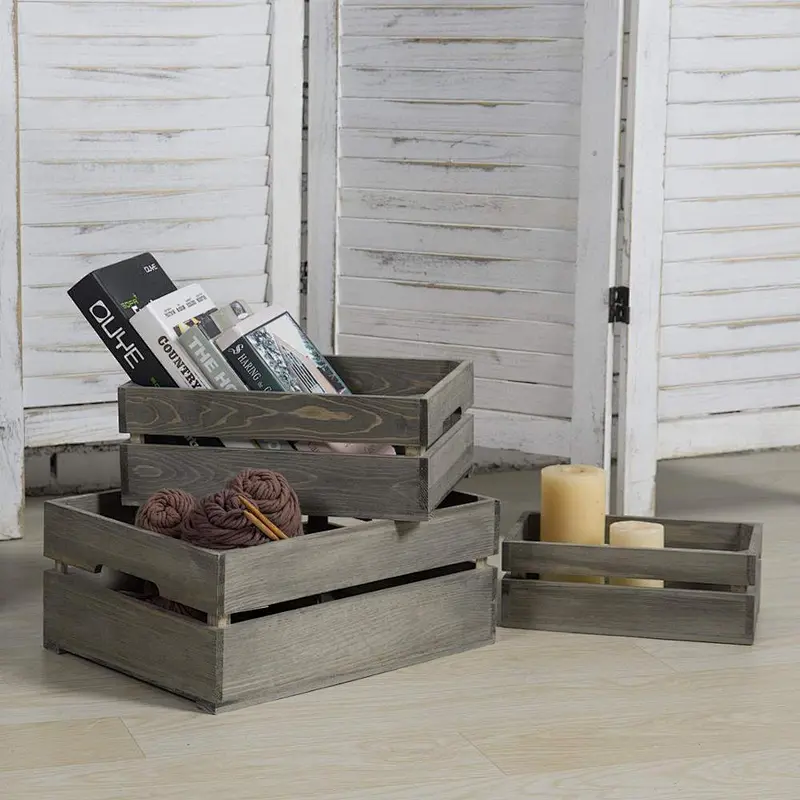 Set of 3 Nesting Ash Brown Wood Accent Crates Storage Pallet Boxes with Handles