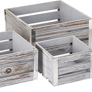 Set of 3 Wooden Pallet Box Planters - Off-white,Corner galvanized with a gray three-piece suit