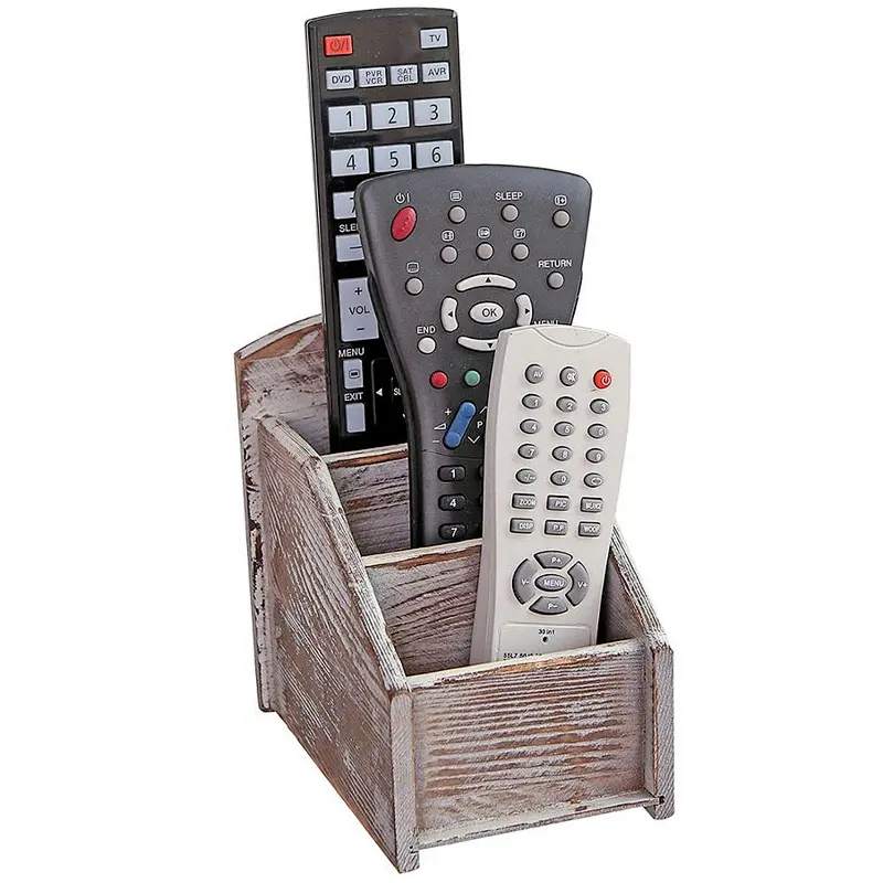 Rustic Wood Remote Control Caddy, 3 Slot Office Supply Storage Rack, Brown