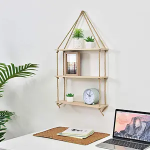 Hanging Planter Shelf Wall - Floating Swing Storage Shelves Jute Rope Organizer Rack 3 Tier Handmade Shelves Wall-Hanging