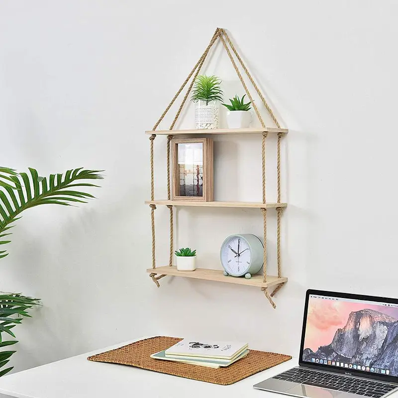 Hanging Planter Shelf Wall - Floating Swing Storage Shelves Jute Rope Organizer Rack 3 Tier Handmade Shelves Wall-Hanging