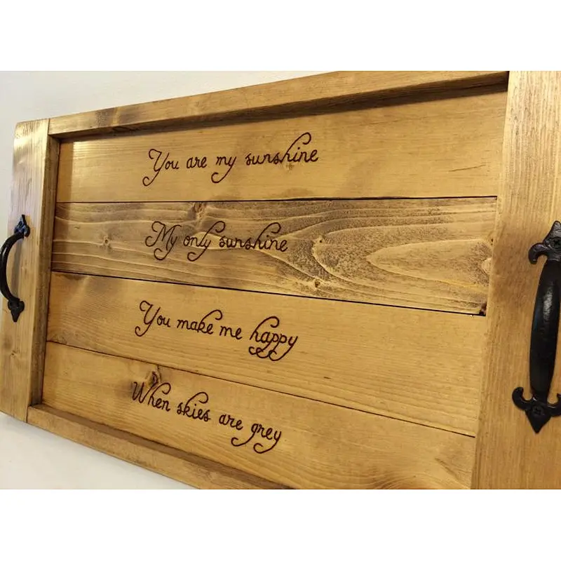 Rustic wood serving tray with handles, storage wood burned trayServing Trays for OttomansWooden Tray TableWood TrayWooden Tray