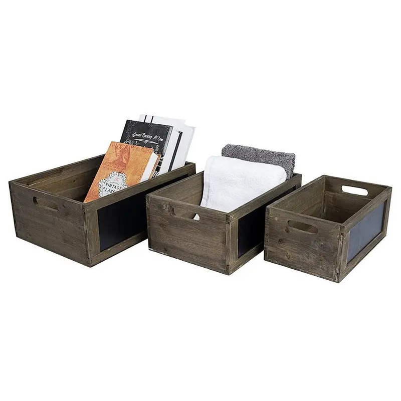 Wooden Collapsible Vegetable Fruit Storage Crates with Chalkboard Front Panel and Cutout Handles, Set of 3