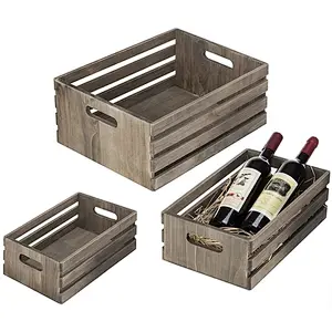 Set of 3 Nesting Barnwood Gray Storage Crates with Cutout Handles