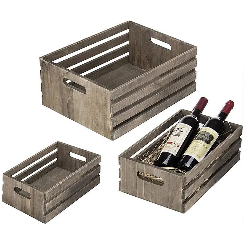 Set of 3 Nesting Barnwood Gray Storage Crates with Cutout Handles