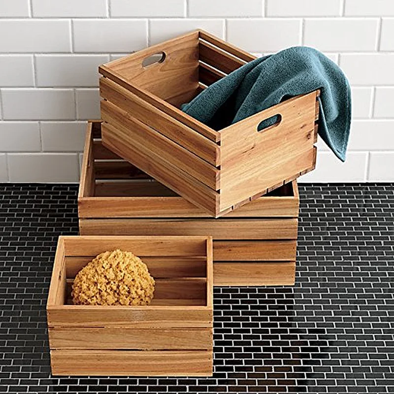 Set of 3 Multipurpose Wood Crafted Premium Bathroom Kitchen Crates | Laundry & Elemantries Keeper & Mover | Fruits & Vegetables
