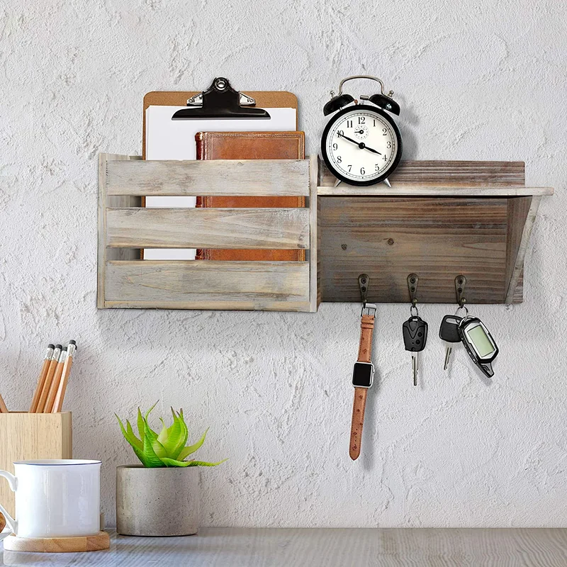 Wooden storage rack Rustic holder  ChasBete Rustic Key Holder for Wall Decorative  Entryway Shelf with Hooks
