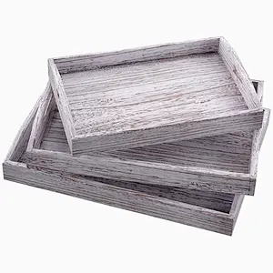 Rustic Wooden Serving Trays with Handle Set of 3 Large Medium and Small Nesting Serving Trays -for Breakfast, Coffee Table