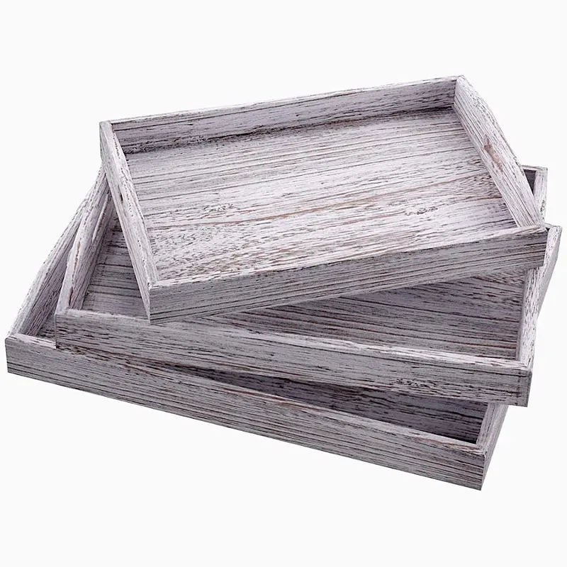 Rustic Wooden Serving Trays with Handle Set of 3 Large Medium and Small Nesting Serving Trays -for Breakfast, Coffee Table