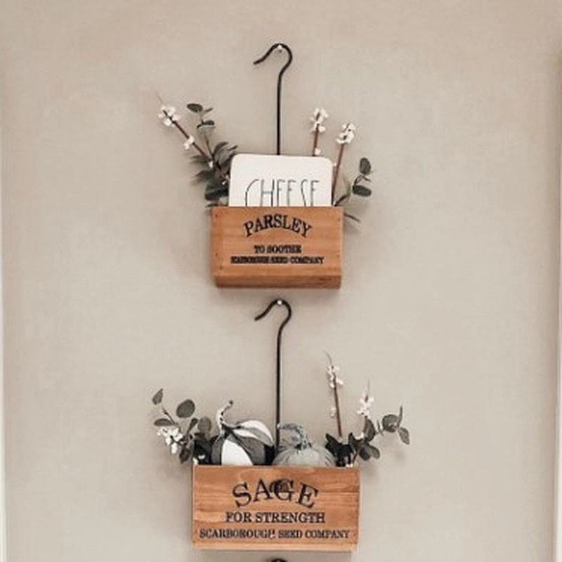 Beautifully Crafted Of Distressed Wood And Rustic Metal Hooks  For Planter Flowers Wall-mounted Wooden flower pot