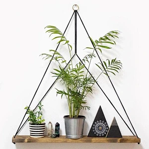 LargeWall-mounted Rack Large Shelf Black Cord Wall-mounted Rack Wooden Planter Geometric Shelves Hanging