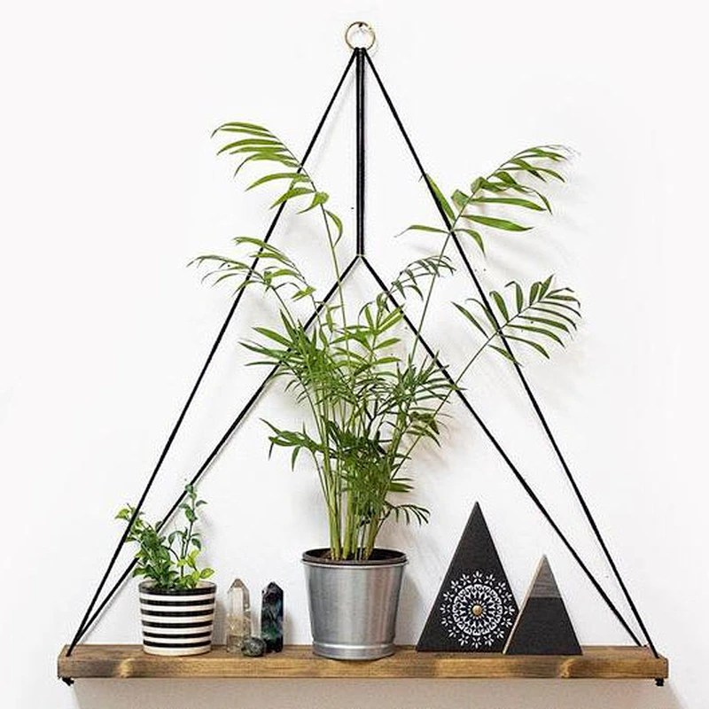 LargeWall-mounted Rack Large Shelf Black Cord Wall-mounted Rack Wooden Planter Geometric Shelves Hanging