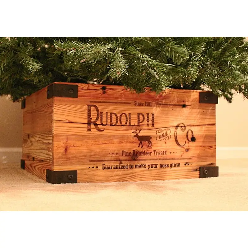 Christmas Tree Box Skirt Replacement Wood Crate  Heart Pine  Reindeer Treats Label