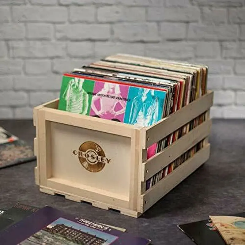 Record Storage Crate Album Holder Natural Wood Organizer Box With Carry Handle